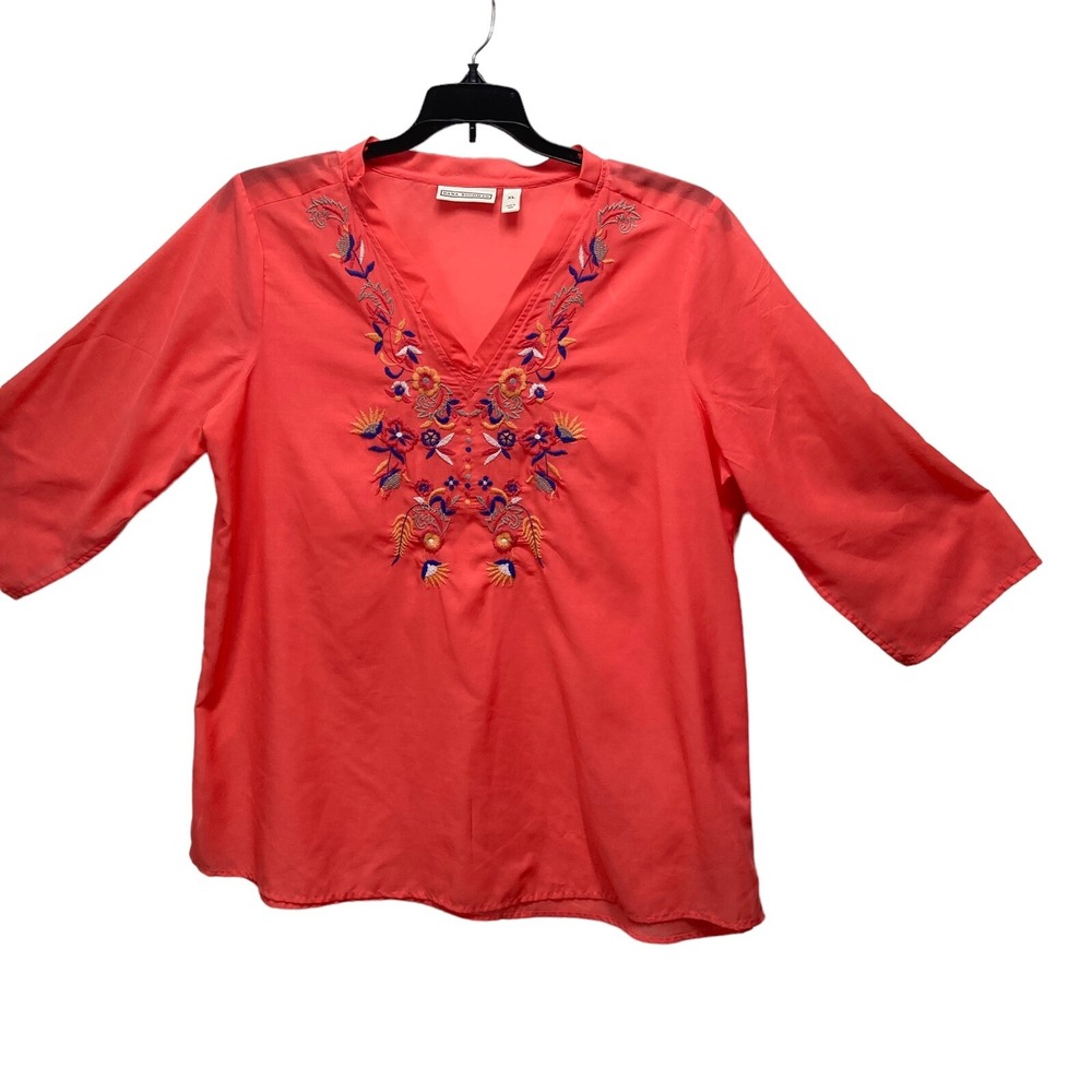 Dana Buchman Embroidered Women's Top Coral Pink Boho 3/4‎ split sleeves XL